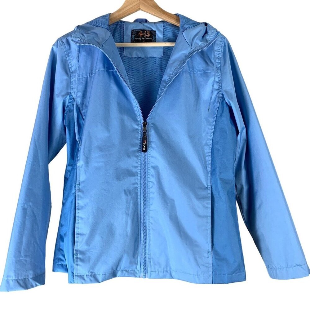 I5 Apparel Size Small Jacket Light Blue Zip Up Hooded Pockets Womens Windbreaker